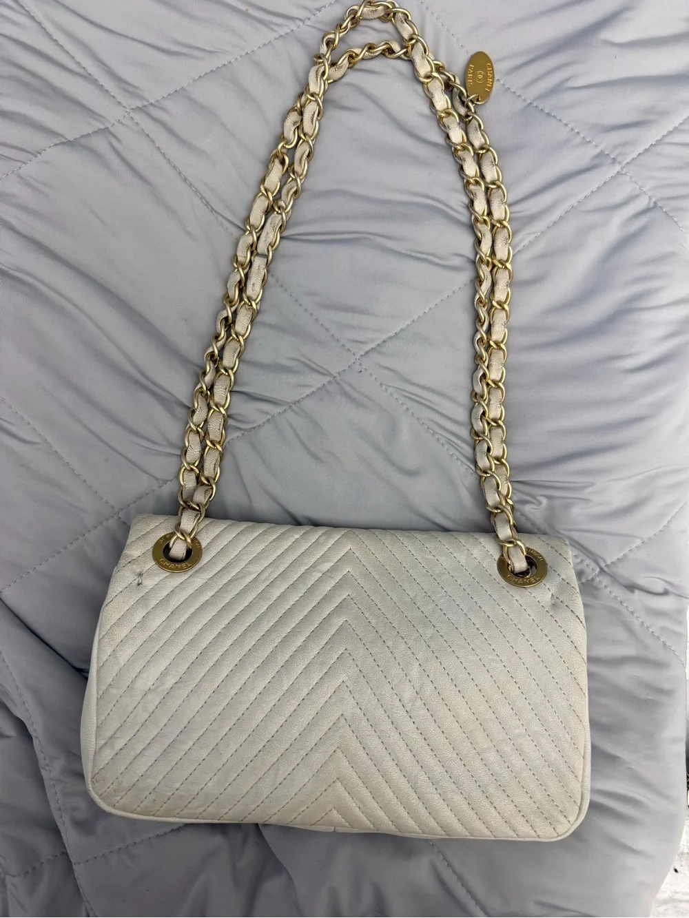 Chanel Quilted Chevron Flap Shoulder Bag in Light Beige